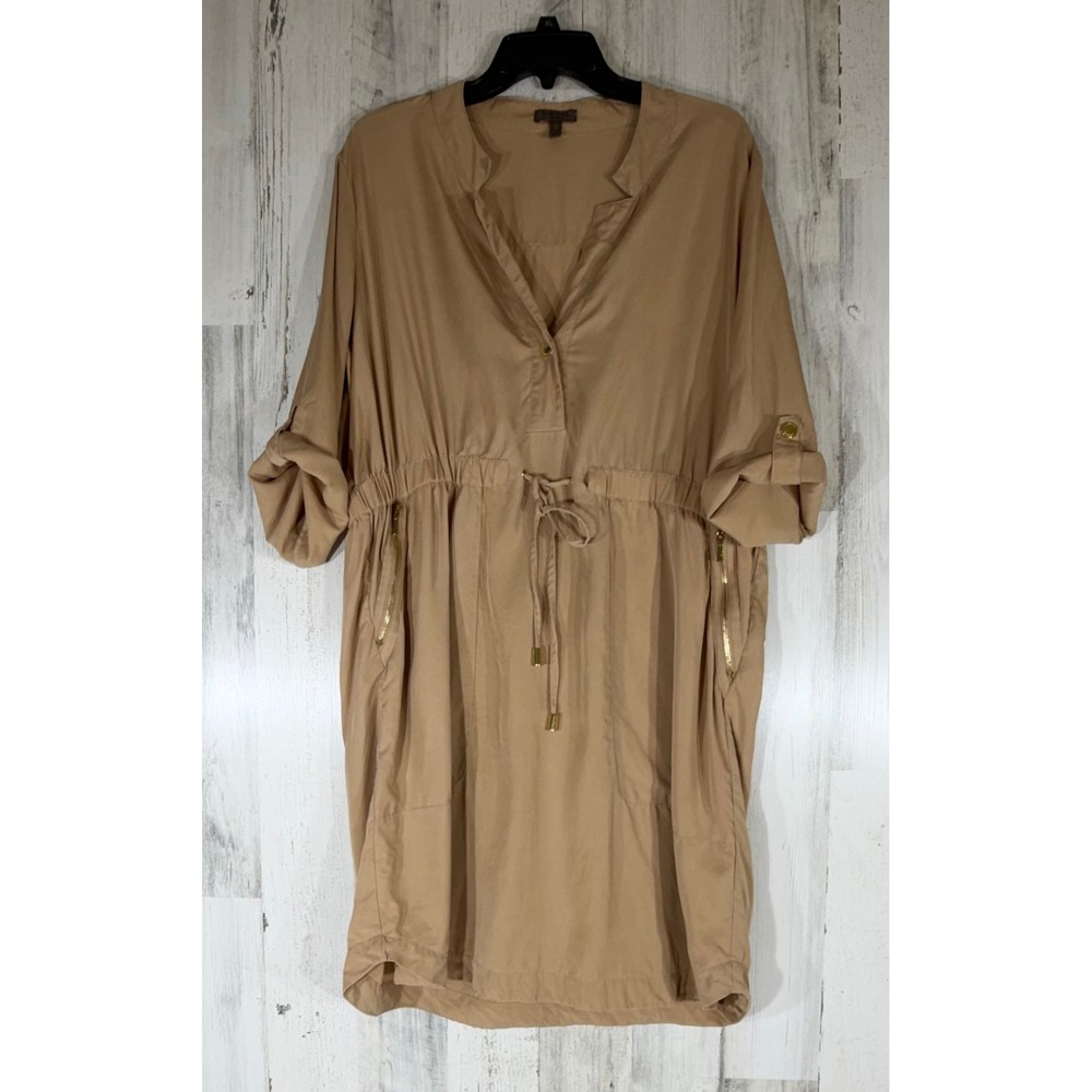 Cortefiel Dress 12 Camel Tencel Safari Roll-Tab Utility Drawstring Pockets READ